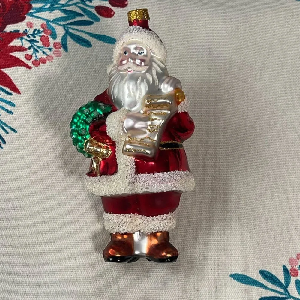 Vintage Santa Claus Christmas Ornament Handcrafted Glass Wreath‎ List Toys